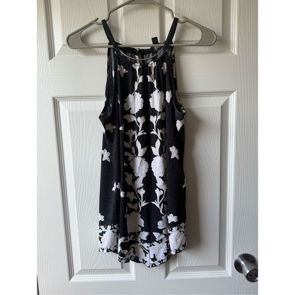 Navy Floral High Neck Tank Top Blouse Liquid Knit Textured Medium INC